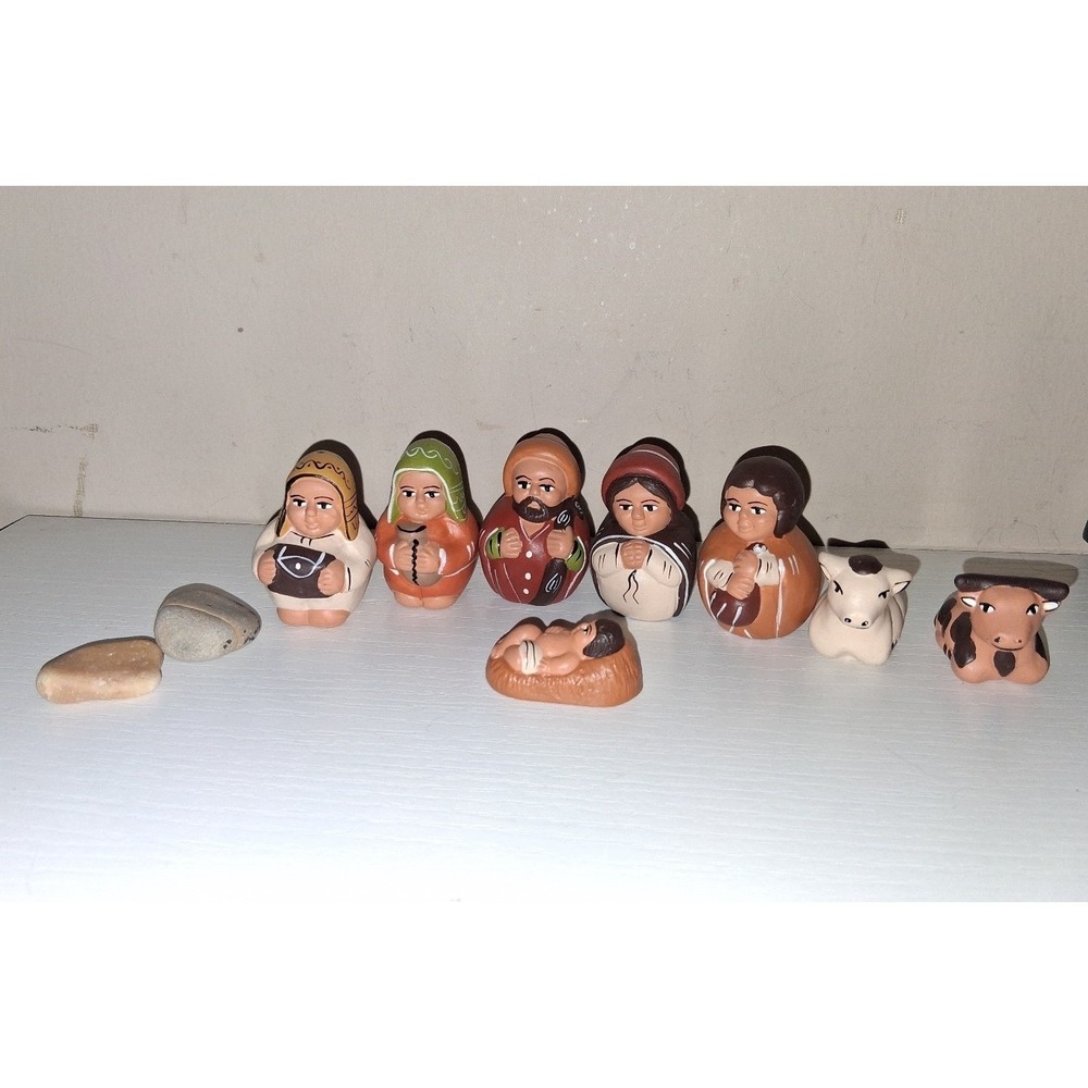 Handmade Miniature Clay Nativity Set‎ Folk Art Christmas Creche 8 Pieces